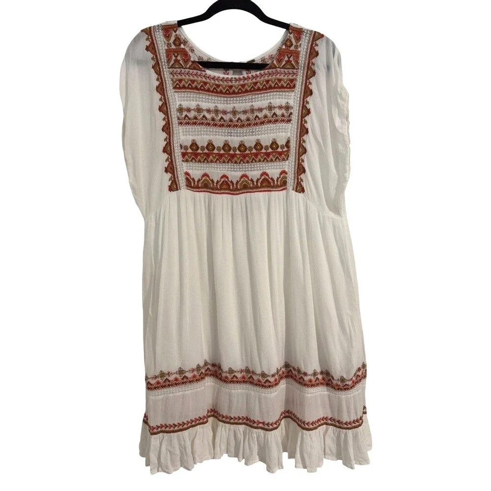 Free People Womens LARGE Mini Dress Sunrise Wanderer Boho Tribal Pattern Pockets